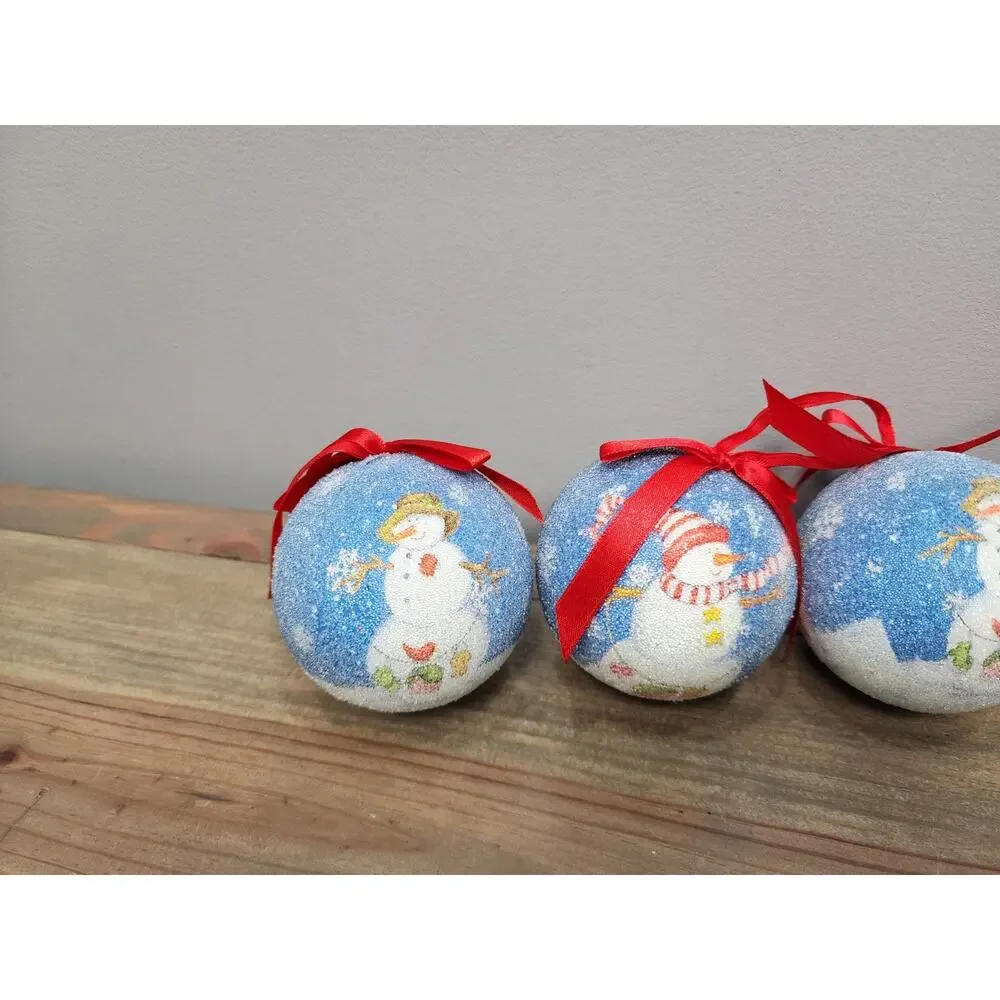 Vintage Sugar Coated Christmas Tree Ornaments Red Ribbon Snowman Lot Of 6